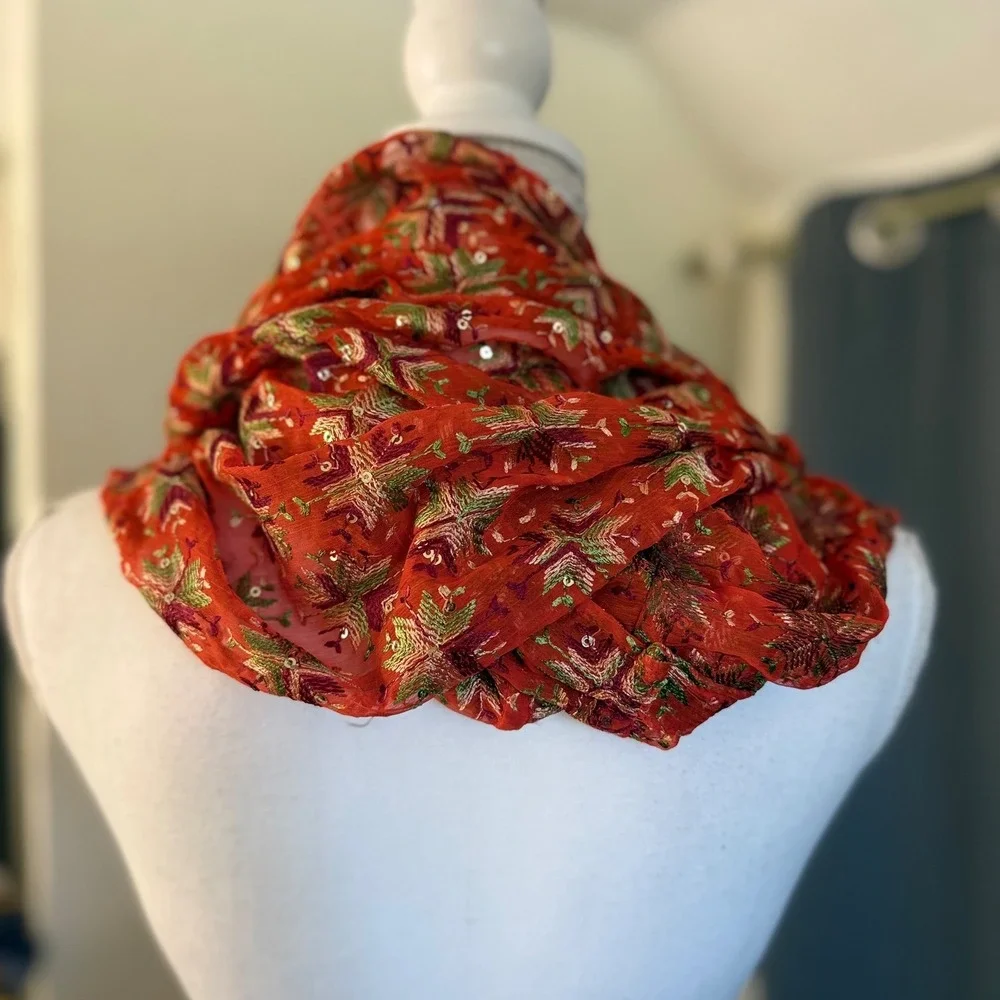 Raj Embroidered Sequin Infinity Scarf One Size Orange 100%‎ Silk Floral Bohemian